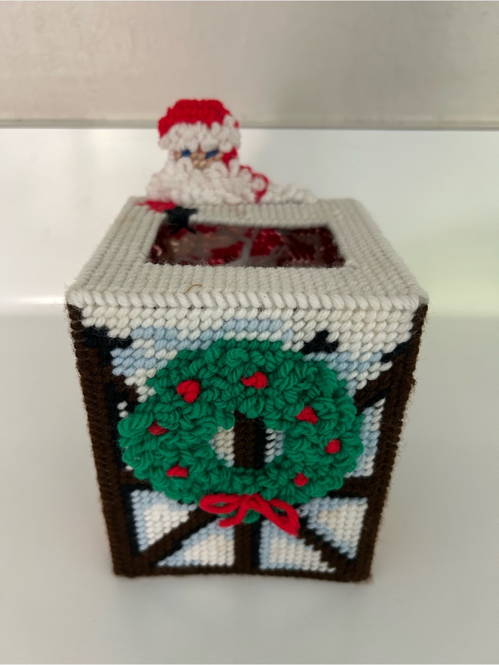 Vintage Handmade Holiday Santa & Wreath Tissue Box Cover